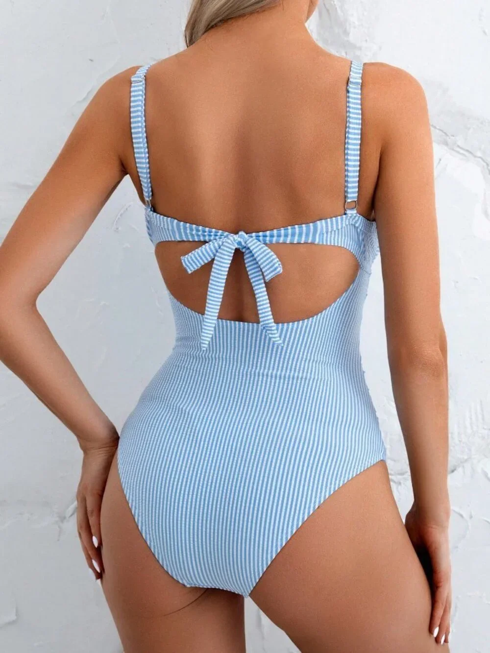 Blue And White Sexy Women's Striped Backless Hollow Out One-Piece Swimsuit